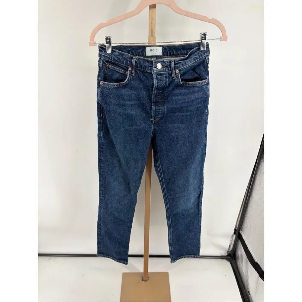 Agolde Riley Long Straight Jeans Size 26 Dark Wash High Rise Organic Cotton